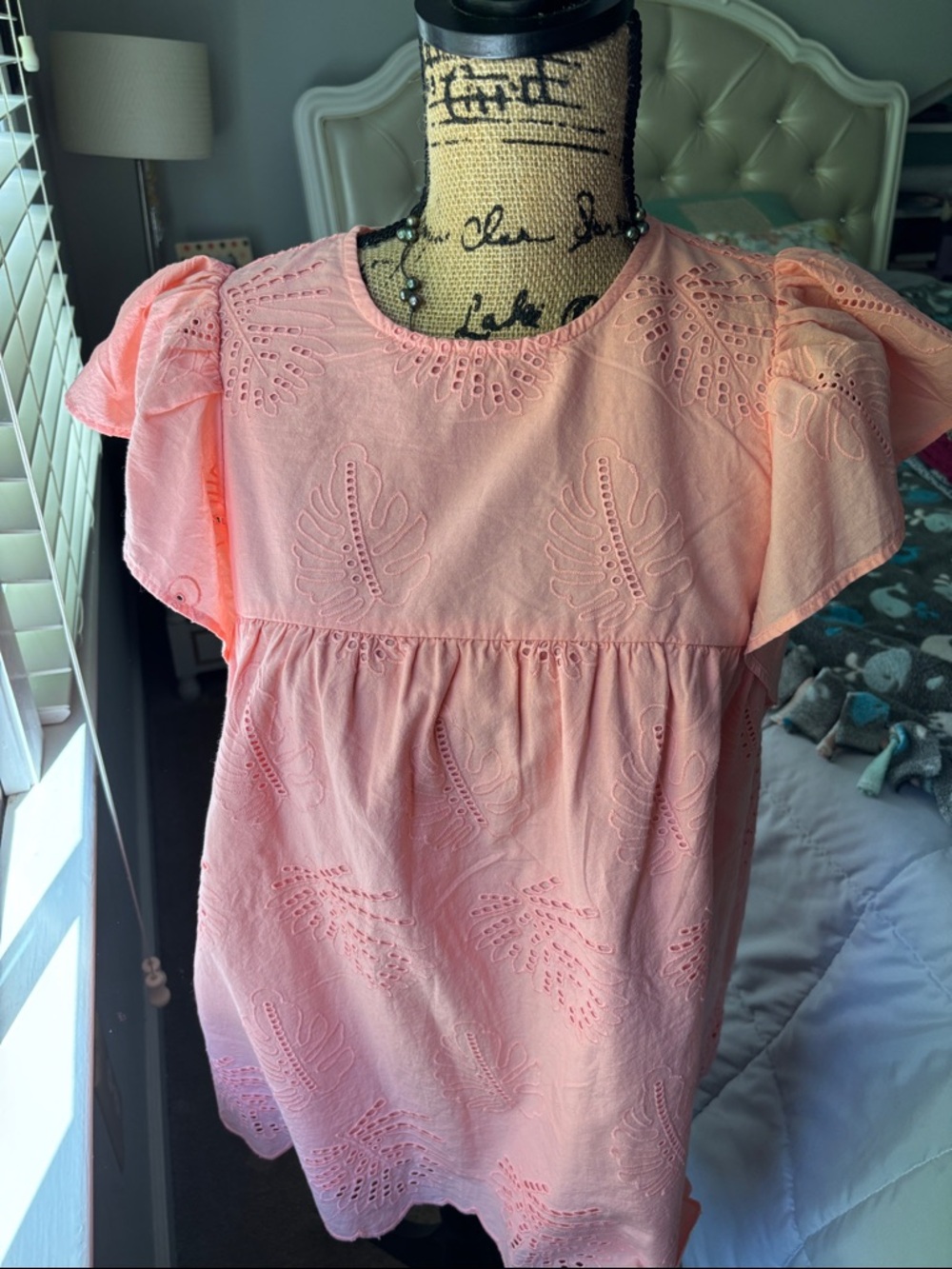 Light Coral Eyelet Flutter Sleeve Top
